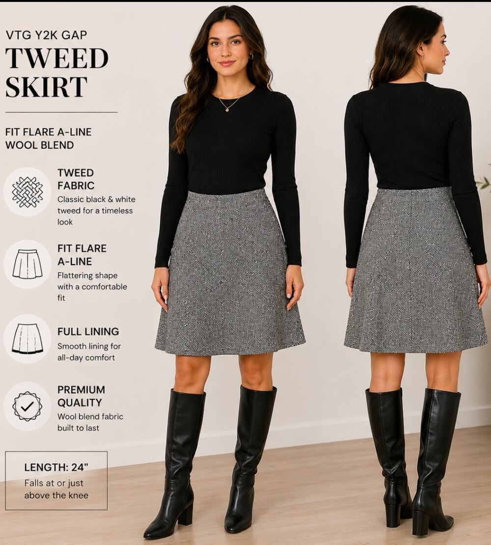 Vintage Y2K GAP Black White Tweed Wool Blend A-Line Skirt Sz 8